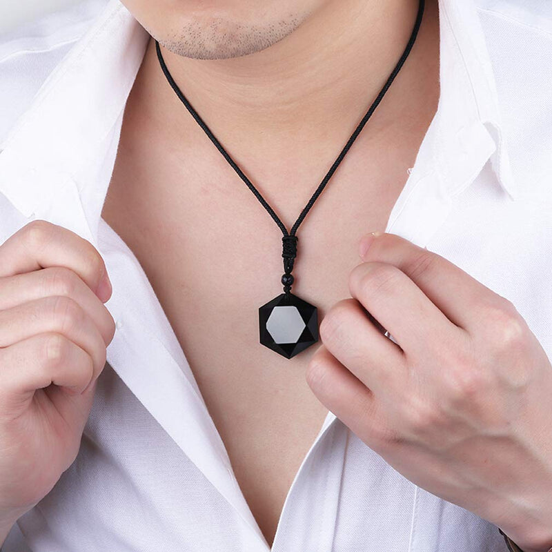 [Australia] - Obsidian Pendant Necklace Obsidian Crystal Pendant Necklace Pattern with Extend Bead Chain for Men or Women Hexagon Pendant 