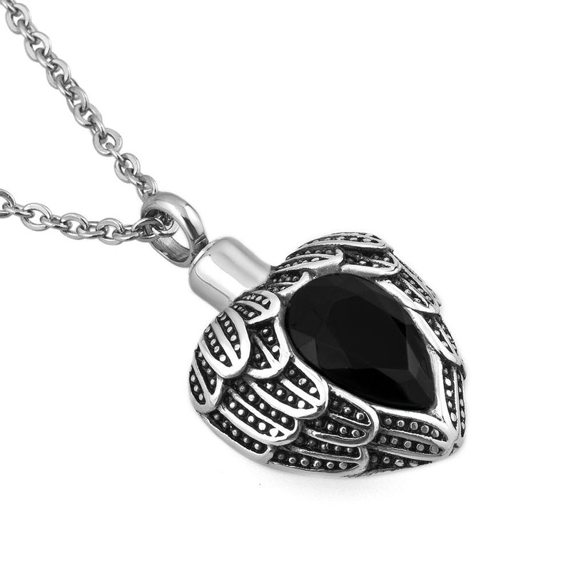 [Australia] - CoolJewelry Urn Necklace Ashes Angel Wing Birthstone Cremation Memorial Pendant Stainless Steel Keepsake Jewelry with Fill Kit Black 