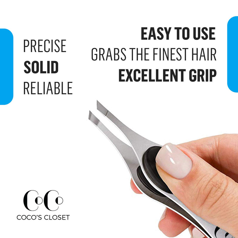 [Australia] - Coco’s Closet Tweezers for Eyebrows – Surgical grade Stainless Steel Slant Silver Tweezer - Precision for Ingrown Hair Removal 