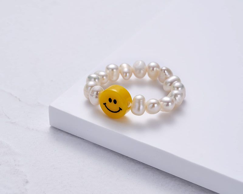 [Australia] - smiely face beaded pearl rings Irregular Pearl Cute Summer Y2K Handmade Stacked elastic ring for Teen Girls Women 