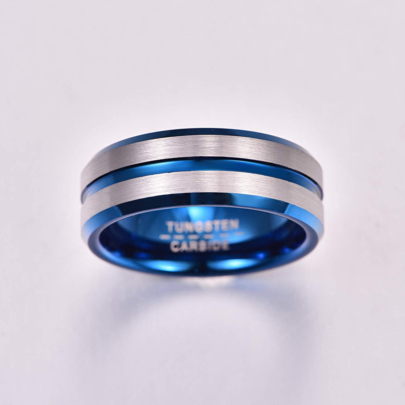 [Australia] - Merthus 8mm Men Wedding Band Blue Groove Tungsten Carbide Ring Comfort Fit Beveled Edge Silver 8 