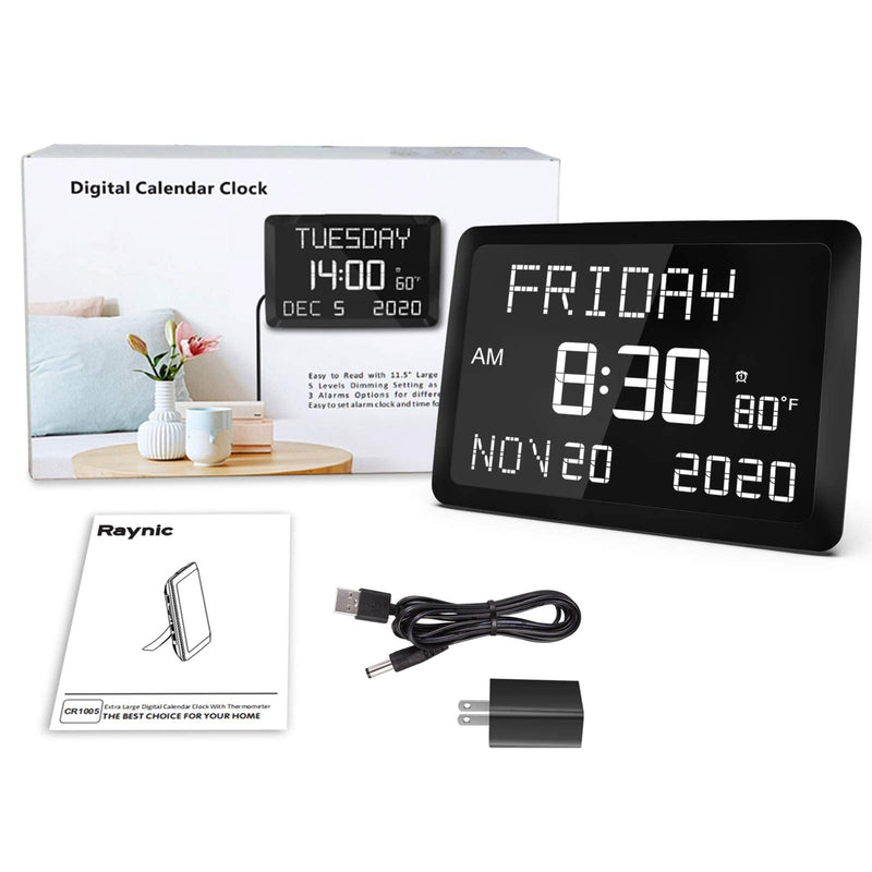 [Australia] - Digital Clock, Raynic 11.5" Large LED Word Display Dimmable Digital Wall Clock,Adjustable Brightness Digital Alarm Clock with Day and Date,Indoor Temperature,Snooze,12/24H,DSTfor Home, Office,Elderly 