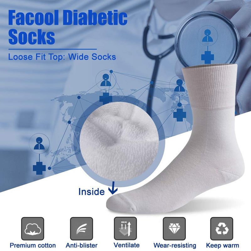 [Australia] - Facool Diabetic Socks for Men Women, Dress Cushioned Crew Cotton Socks with Non-Binding,Loose Top,Seamless Toe 6 Pairs 6 X White Large 