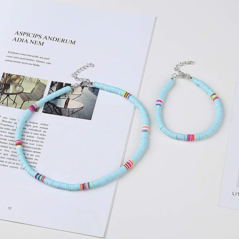 [Australia] - Choker Necklace and Anklet Set for Women Colorful Boho Choker Necklace Summer Beach Choker Surfer Necklace African Heishi Bead Necklace 2 Pcs green 