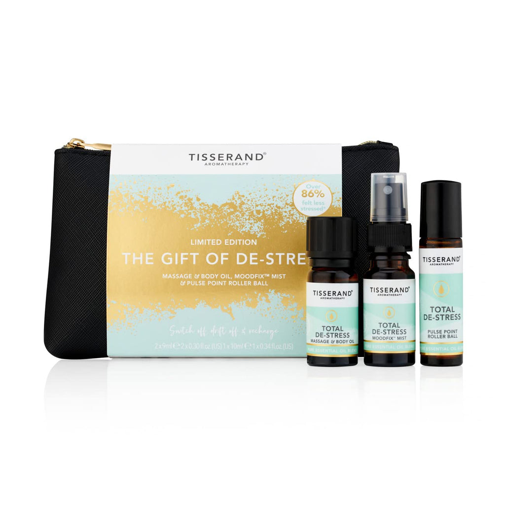 [Australia] - Tisserand Aromatherapy | The Gift of De-Stress | Rollerball, Body Oil & Mood Mist | Geranium, Orange & Nutmeg | Natural Essential Oils| 2 x 9ml 1 x 10 ml, Green 