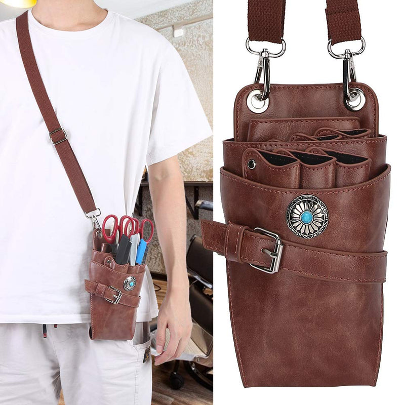 [Australia] - Hair Scissor Holster Pouch with Waist Shoulder Belt for Hairdressers Barber PU Leather Shears Hairdressing Tool Case Bag Holder Brown 