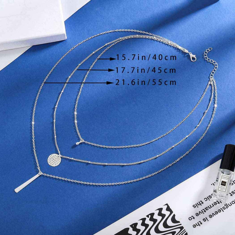 [Australia] - Bomine Layered Bar Necklace Chain Disc and Beaded Pendant Necklaces Jewelry Chains for Women and Girls (Silver) Silver 