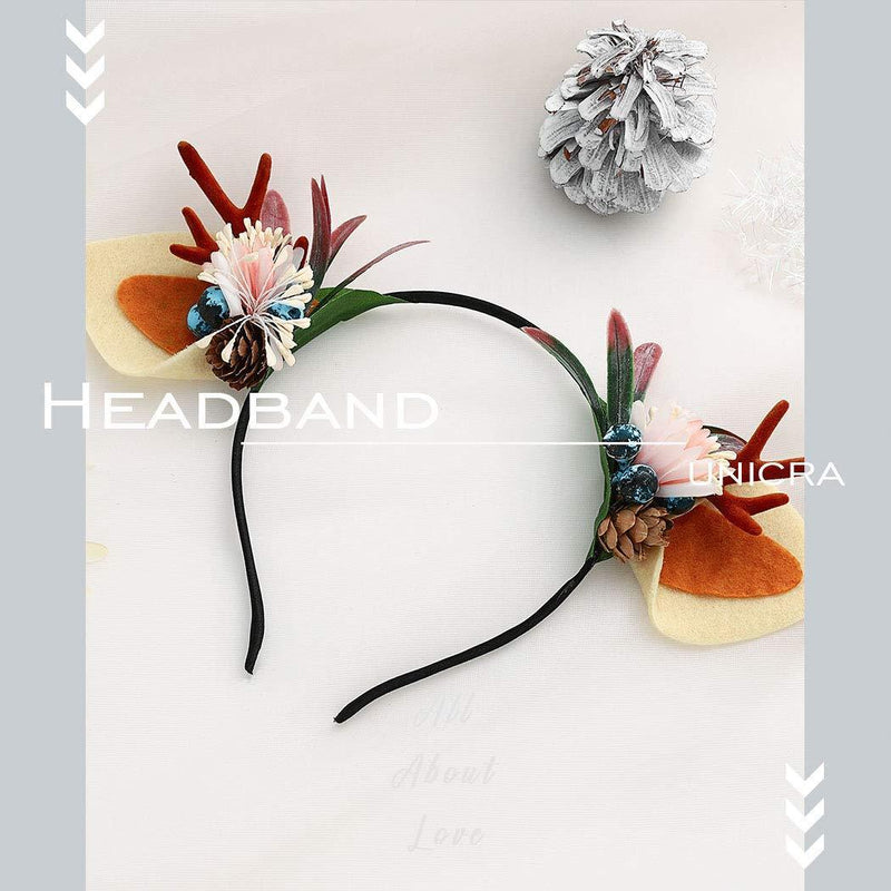 [Australia] - Unicra Flower Antlers Headband Elk Deer Animal Horns Headwear Hair Clips Halloween Christmas Hair Accessories for Women and Girls 