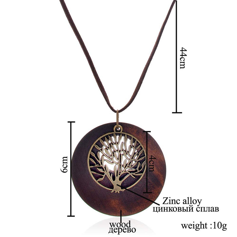 [Australia] - HUNO Tree of Life Pendant Necklace Long Leather Chain Statement Wooden Necklace for Women Girls Vintage Wood Jewelry 
