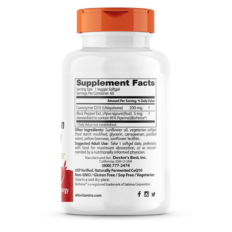 [Australia] - Doctor's Best High Absorption CoQ10 with BioPerine, Vegetarian, Gluten Free, Naturally Fermented, Heart Health & Energy Production, 200 mg 60 Veggie Softgels 