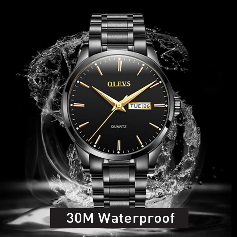 [Australia] - OLEVS Men's Watches,Gold Stainless Steel Band Luxury Casual Dress Wristwatch for Men Japan Movement Rome Analog Waterproof with Luminous Day Date(Blue/Black/White/All Black) Black Stainless Black Dail 