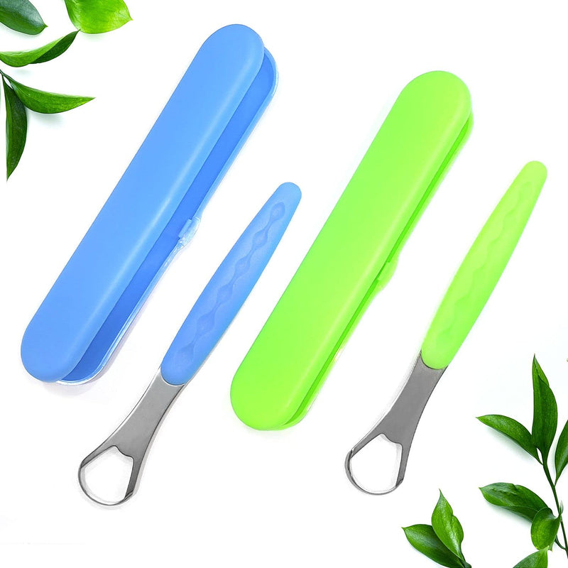 [Australia] - 2-Pack Tongue Scraper Cleaner for Adults & Kids Pack with Travel Case Medical Grade Stainless Steel Tongue Brush Set, Oral Self Care for Bad Breath 