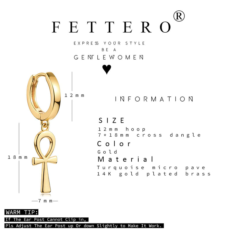 [Australia] - Fettero Gold Huggie Hoop Earrings Star Cross Lock Lightning Spike Evil Eye Fan Bead Dangle Drop Snake Sleeper 14K Gold Plated Dainty Minimalist Simple Boho Hypoallergenic Jewelry Gift for Women Men Ankh Cross 