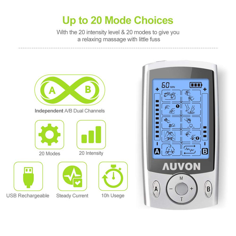 [Australia] - AUVON Dual Channel TENS Machine for Pain Relief, TENS Unit Muscle Stimulator with 20 Modes, 2" and 2"x4" TENS Pads Replacement A-silver 