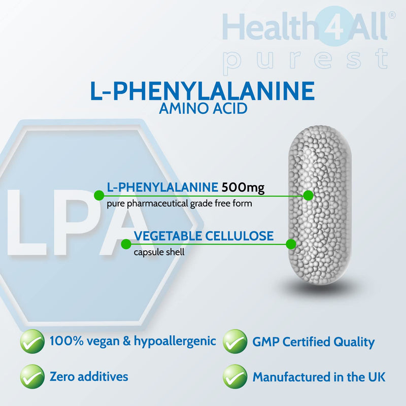 [Australia] - L-Phenylalanine 500mg 60 Capsules (V) .(not Tablets) Purest- no additives for Mood, Memory, Attention and Thyroid. Vegan Natural L- Form. Made in The UK by Health4All 60 Count (Pack of 1) 