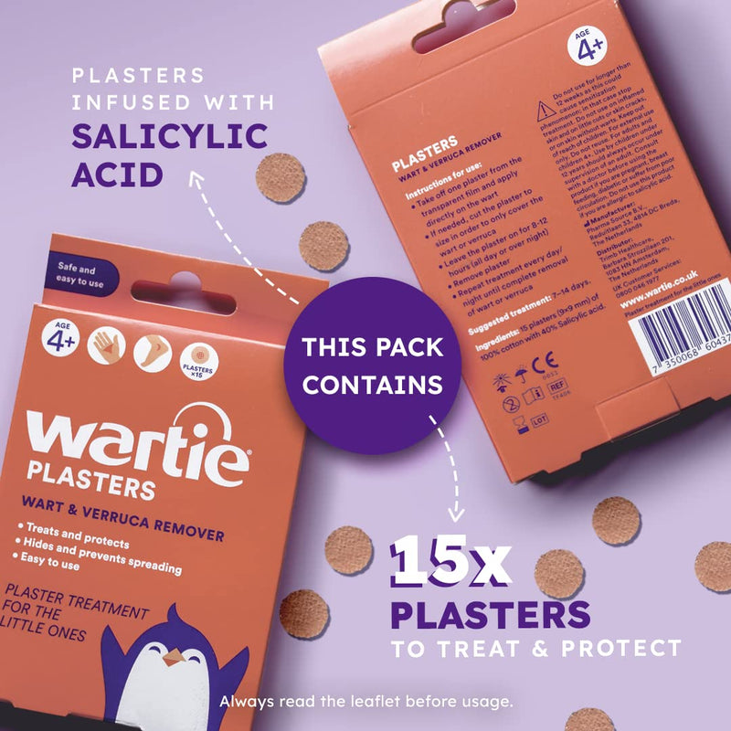 [Australia] - Wartie Plasters - Verruca & Wart Remover - Protect, Treat and Prevent - Easy Wart and Verruca Treatment for Hands and Feet - Prevent Spreading Warts - Safe for Adults and Children Aged 4+ - Pack of 15 