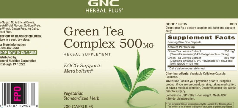 [Australia] - GNC Herbal Plus Green Tea Complex 500mg, 200 Vegetarian Capsules, Supports Metabolism 