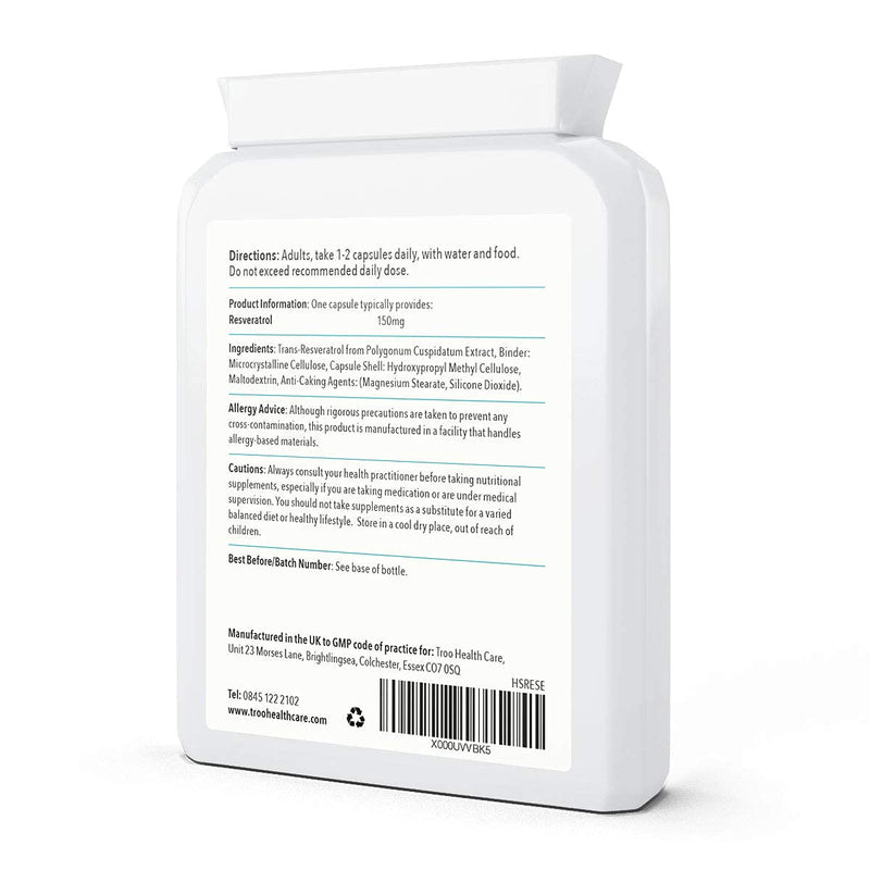 [Australia] - Trans Resveratrol Supplement 150mg - 90 Easy Swallow Daily Capsules - Providing Trans-Resveratrol from Polygonum Cuspidatum Extract- UK Manufactured to GMP code of practice 