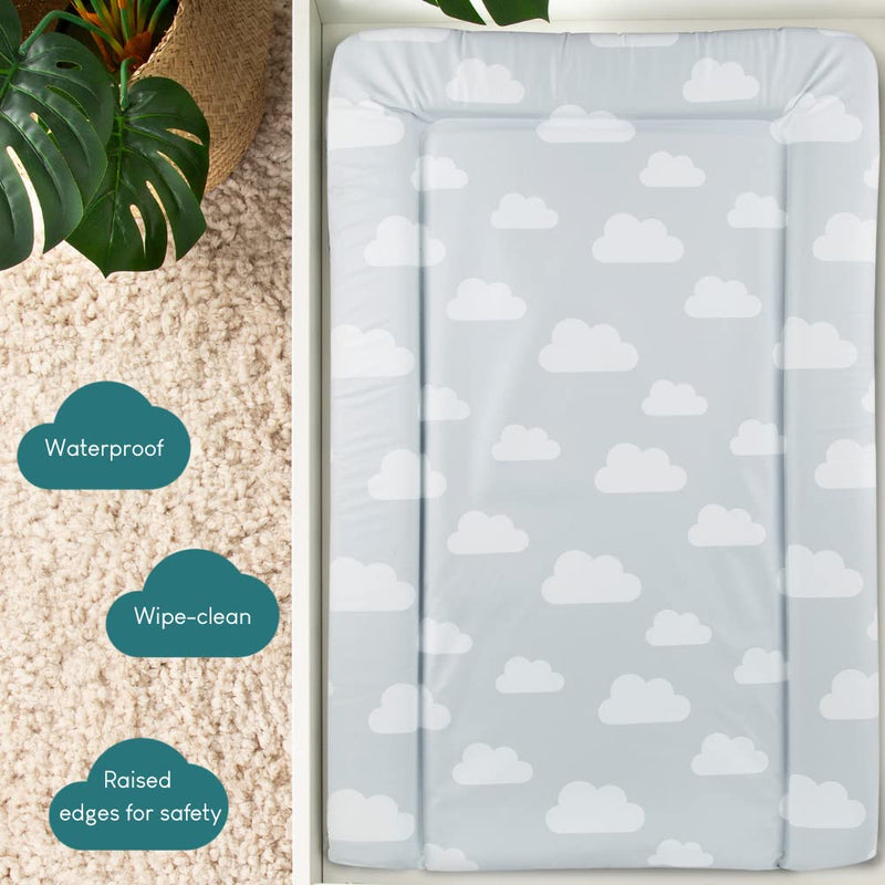 [Australia] - CuddleCo Baby Nappy Changing Mat - Waterproof, Anti-Roll Nursery Changing Table Topper with Curved Sides and Raised Edges - Clouds 