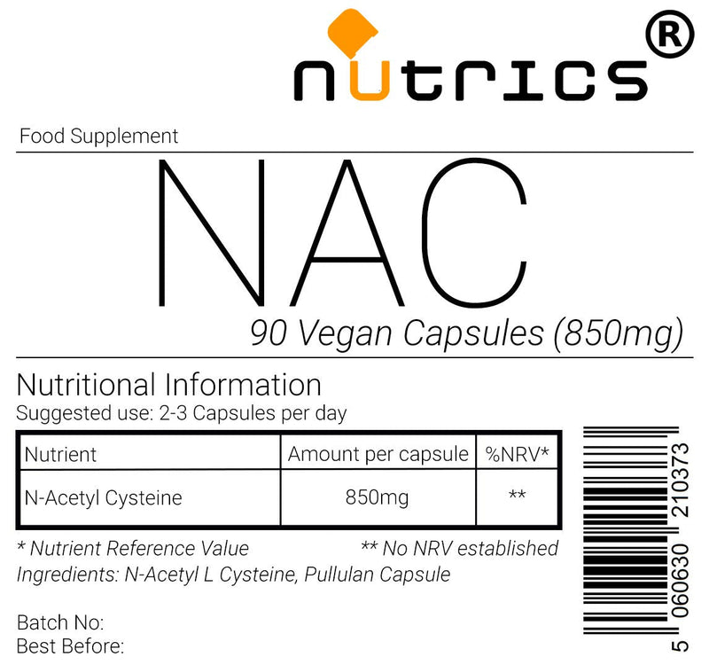 [Australia] - Nutrics® NAC N Acetyl Cysteine 850mg 90 Capsules (1 Month Supply) Suitable for Vegan Vegetarian Halal Kosher 