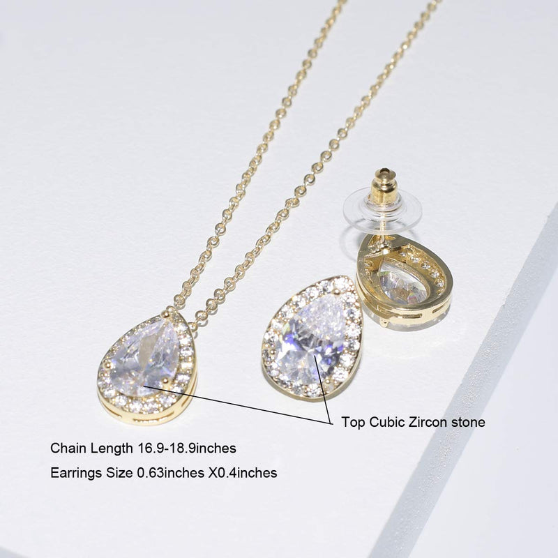 [Australia] - UDORA CZ Tearsdrop Earrings Necklace Jewelry Set for Bridal Bridesmaids 18K Gold 