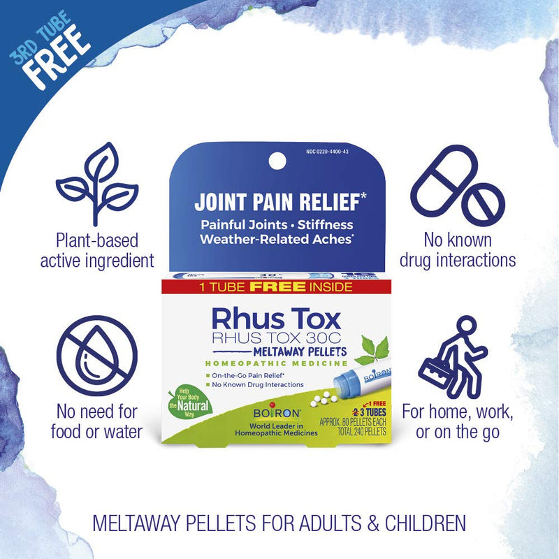 [Australia] - Boiron Rhus Tox 30C Homeopathic Medicine for Relief from Joint Pain, Muscle Aches, Swollen or Stiff Joints, and Weather Related Aches - 3 Count (240 Pellets) 