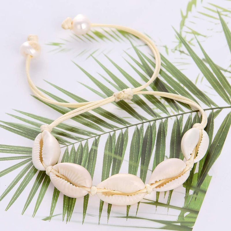 [Australia] - Natural Shell Necklace and Bracelet Jewelry Set Adjustable with Pearl Boho Handmade Cowrie Shell Choker Necklace Adjustable Beach Conch Jewelry for Women and Girls Bohemia Style 1# White-Beige 