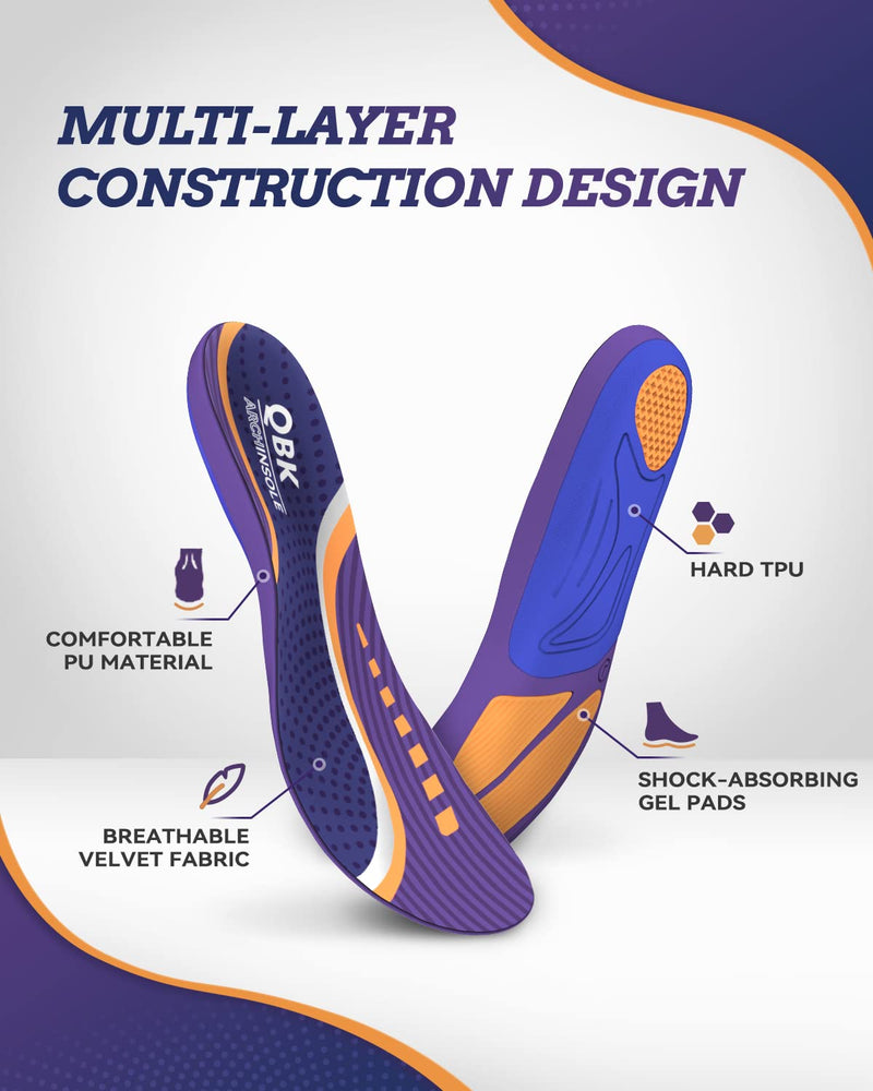 [Australia] - QBK Running Shoe Support Plantar Fasciitis Insoles High Arch Support Orthotic Inserts Achilles Tendonitis Insoles for Women & Men Heel Spur Insole M Purple Men7.5-8.5 