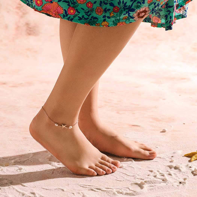 [Australia] - Chicque Simple Starfish Pendant Anklet Pearl Foot Chain Beach Ankle Bracelets for Women and Girls (Gold) Gold 