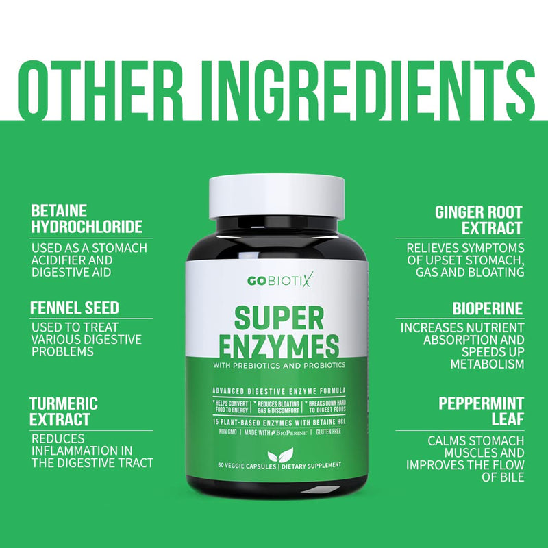 [Australia] - Super Enzymes Supplement - 15 Vegan + Plant-Based Digestive Enzymes with Prebiotics, Probiotics + Bioperine - Supports Gut Health, Gluten Digestion, Lactose Absorption + Leaky Gut - 60 Veggie Capsules 