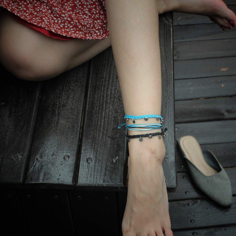 [Australia] - FANCY SHINY String Ankle Bracelets Waterproof Rope Anklets Braided Beach Boho Coin Anklets Cute Friendship Foot Jewelry for Women Teen Girls Black Blue Disc 