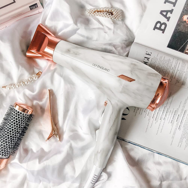 [Australia] - Hair Dryer, Lightweight Hairdryer for Women - 1800 Watts Blow Dryer with 2 Speed, 3 Heat Settings, and Cool Shot Button - by Lily England in Rose Gold / Marble (UK Plug) 