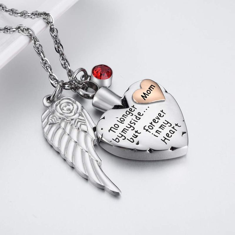 [Australia] - abooxiu Heart Cremation Urn Necklace for Ashes Jewelry Angel Wing Memorial Pendant 12 Birthstones - No Longer by My Side But Forever in My Heart - Customize Available MOM 