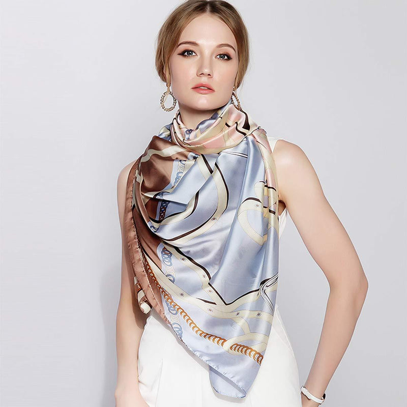 [Australia] - LumiSyne Women's Silk Scarf Vintage Printed Neckerchief Fashion Elegant Style Large Shawl Soft Wrap Sunscreen Shawl Headscarf For All Season Chain Blue Brown 