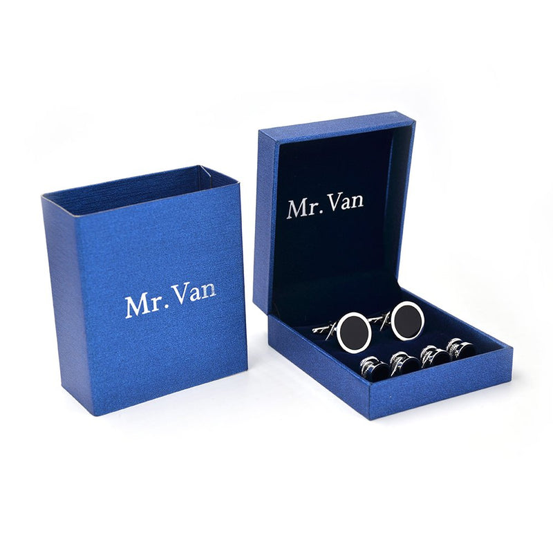 [Australia] - Mr.Van Onyx Cufflinks and Studs Set Formal Black Silver Groomsmen Groom Wedding Gift Cuff Links 