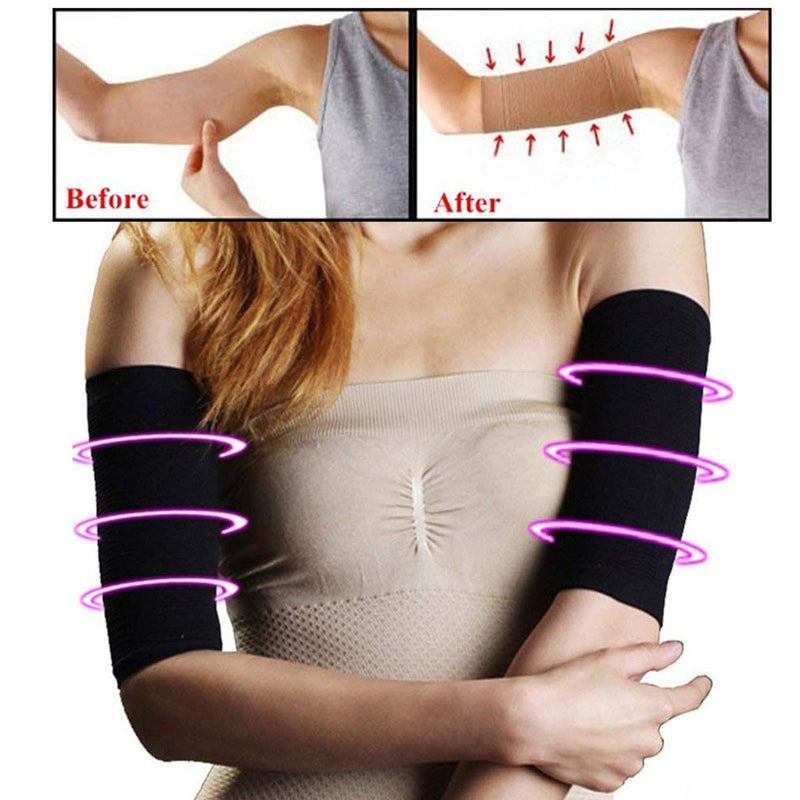 [Australia] - 2 Pair Elastic Compression Arm Sleeves Women Weight Loss Calories Slimming Arm Shaper Massager Arm Belt Slimming Compression Arm Shaper Helps Shape Upper Arms Sleeve for Sport Fitness, Black + Nude 