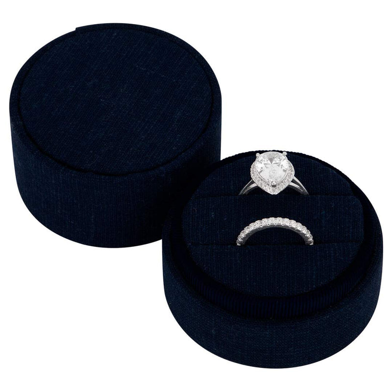 [Australia] - Koyal Wholesale Round Linen Ring Box, Navy Blue Color Double Ring Slot Wedding Ceremony Ring Box with Detachable Lid, 2 Piece Engagement Ring Box Holder, Proposal, Wedding, Heirloom, Ring Bearer Box 