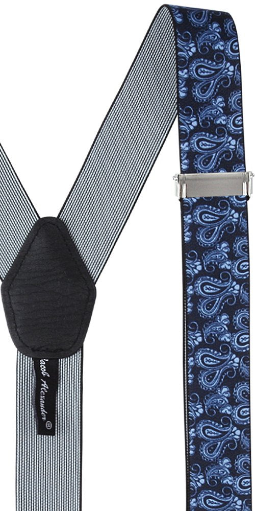 [Australia] - Jacob Alexander Men's Paisley Y-Back Suspenders Braces Convertible Leather Ends Clips - Navy 