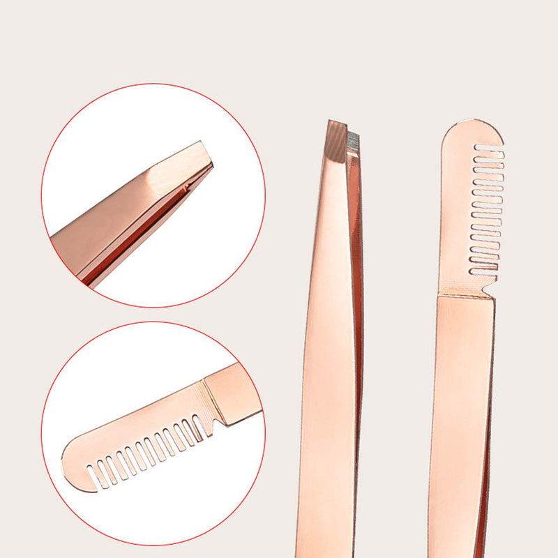 [Australia] - 2 Pieces Multifunctional Eyebrow Tweezers with Eyebrow Comb False Eyelashes Applicator Tool Makeup Grooming Tool for Eyebrows or Facial Hair（Rose Gold） 