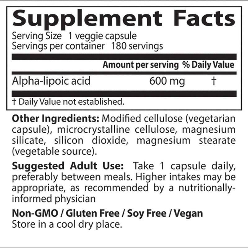 [Australia] - Doctor's Best Alpha-Lipoic Acid, Non-GMO, Gluten Free, Vegan, Soy Free, Helps Maintain Blood Sugar Levels, 600 mg 180 Veggie Caps 