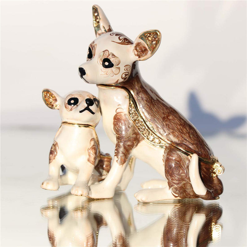 [Australia] - Waltz&F Trinket Box Hinged Hand-painted Chihuahua Mother and son dog Ring Holder brown 
