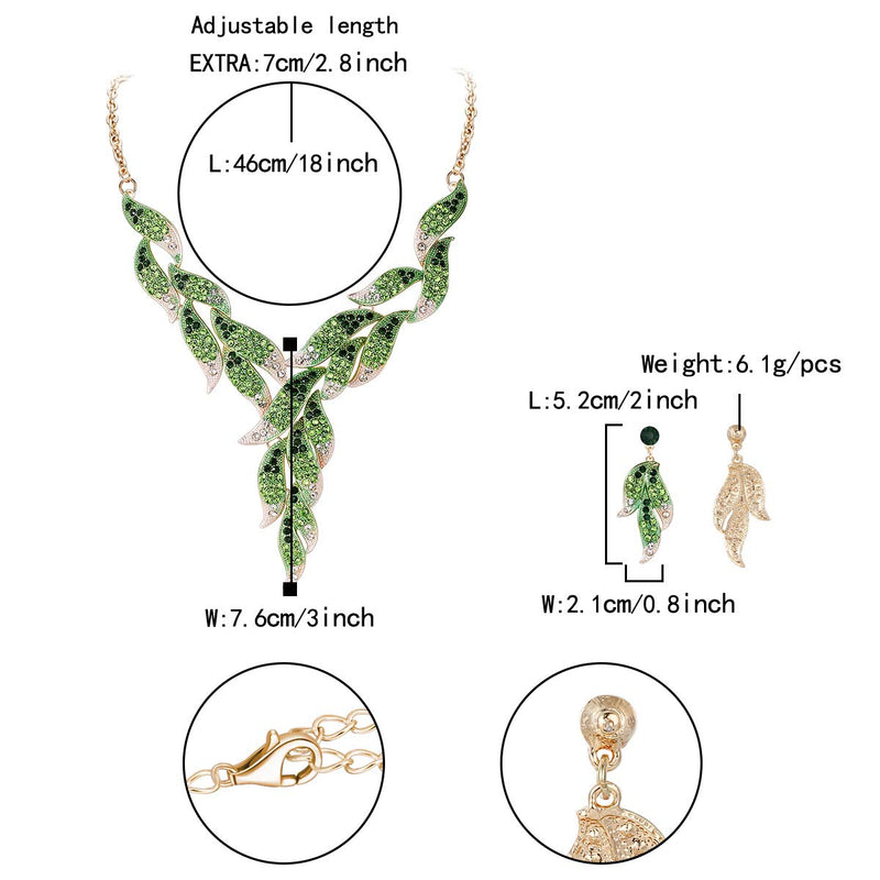 [Australia] - Flyonce Women's Austrian Crystal Wedding Bridal Floral Leaf Vine Necklace Earrings Set Green Gold-Tone 