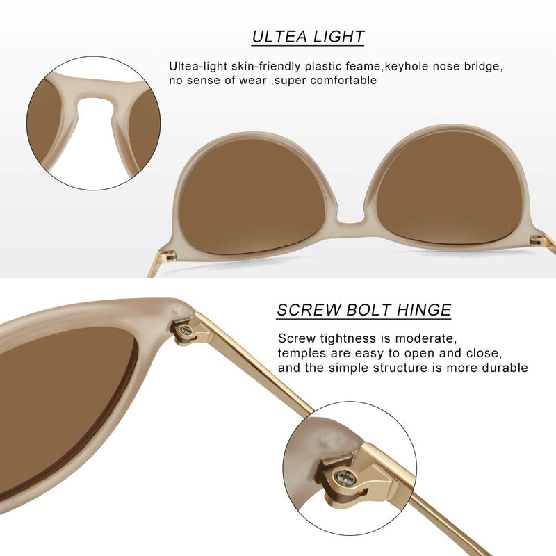 [Australia] - WOWSUN Polarized Sunglasses for Women Vintage Retro Round Mirrored Lens Beige Frame Brown Lens 