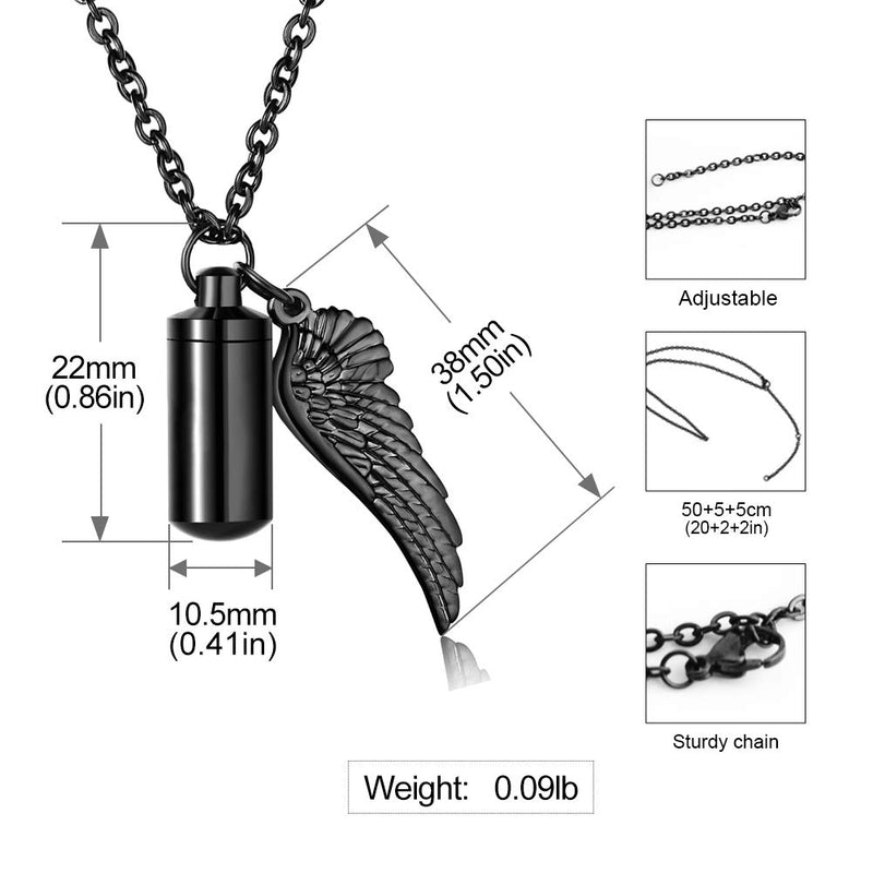 [Australia] - XIUDA Cremation Jewelry Urn Necklace for Ashes with Angel Wing Charm & Cylinder Eternity Stainless Steel s black non-engraving 