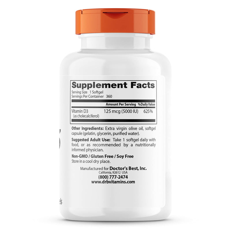 [Australia] - Doctor's Best Vitamin D3 5,000 IU for Healthy Bones, Teeth, Heart and Immune Support, Non-GMO, Gluten-Free, Soy Free, 360 Count (Pack of 1) 