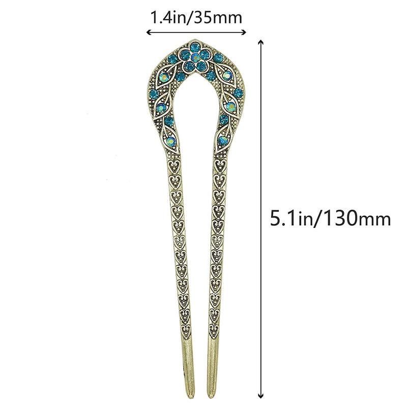 [Australia] - 2 Pcs Vintage Hair Stick, Crystal Rhinestone Double Prong Hair Pin Stick Hairstyle Chignon Hairpin 