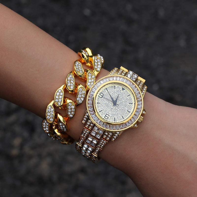 [Australia] - HUAMING Apzzic 12mm Gold Plated Hip Hop Iced Out CZ Lab Diamond Miami Cuban Link Chain Bracelet for Men and Women Gold-Bracelet 10.0 Inches 