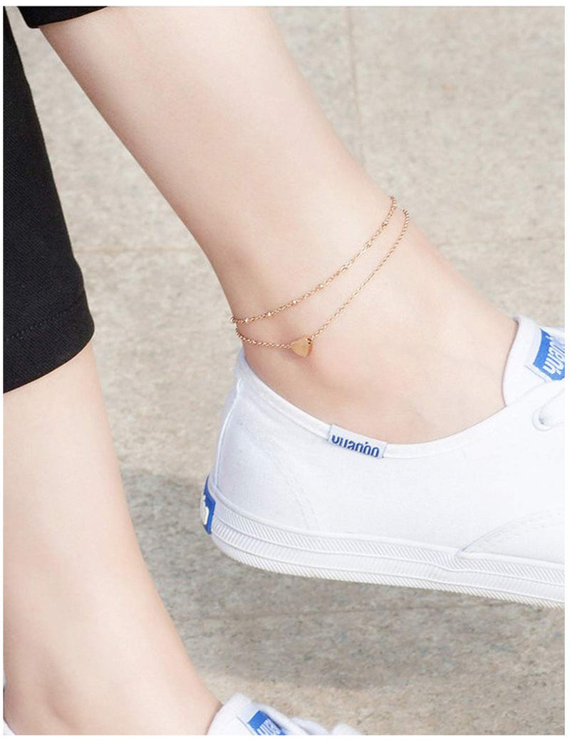 [Australia] - CEYIYA Rose Gold Ankle Bracelets for Women - Adjustable Dainty Layered Chains,Heart Butterfly Anklets 18K Gold Plated Perfect for Teen Girls and Ladies - Fashion Layered Link Foot Jewellery Rose Gold Layered Link-1 Heart 