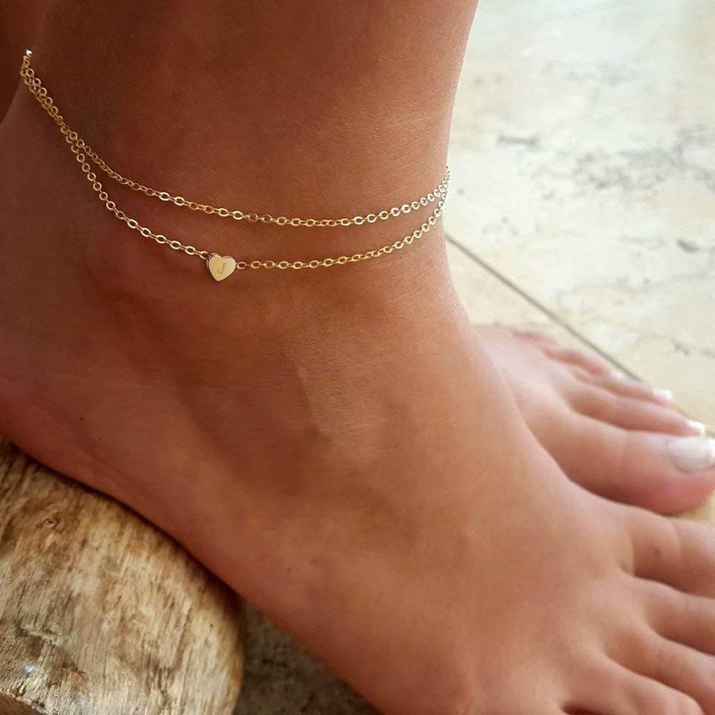 [Australia] - Turandoss Heart Initial Ankle Bracelets for Women, 14K Gold Filled Handmade Dainty Layered Anklet Letter Initial Heart Ankle Bracelets for Women Beach Jewelry Gifts A 