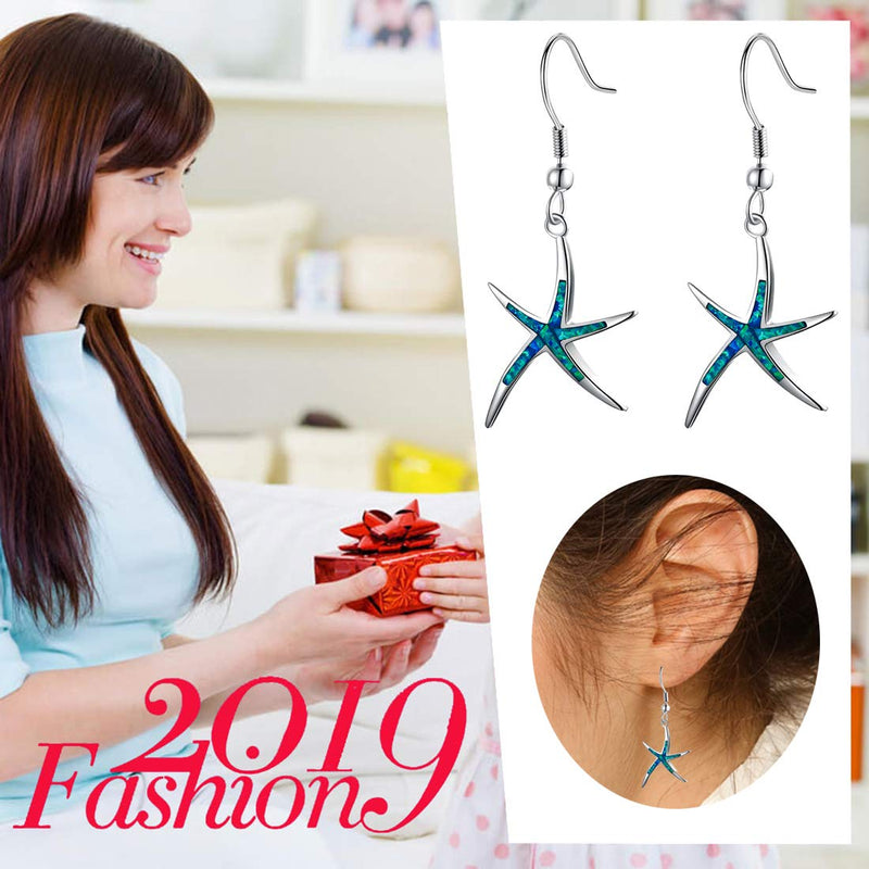 [Australia] - Sterling Silver Starfish Necklace Pendant Earrings Blue Opal White Opal or Green Opal Pendant Necklace Women Gift Blue Opel Silver Earrings 